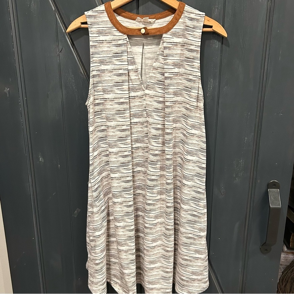 THML Women’s Suede Trim Knit Stripe Tunic Dress, Size Large, Beige/White